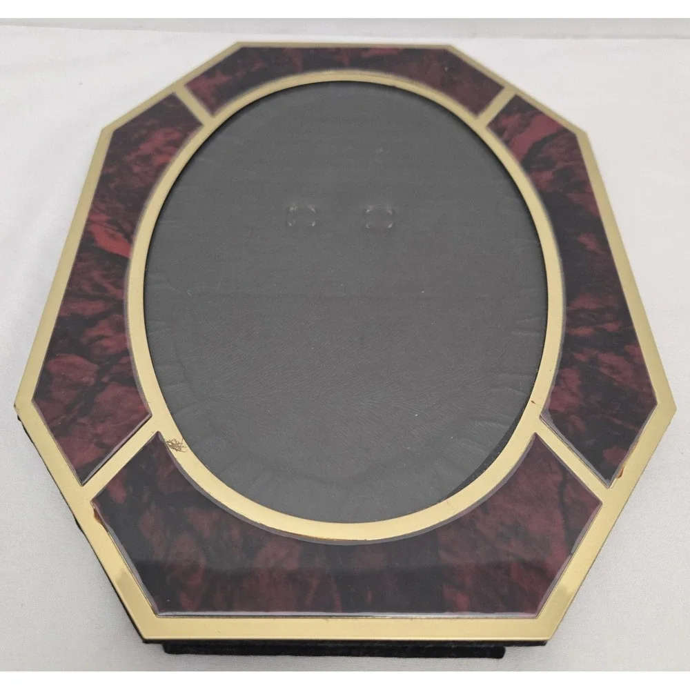 MCM Vintage Brass & Red Faux Tortoise Octagon Tabletop Frame Oval Glass Window